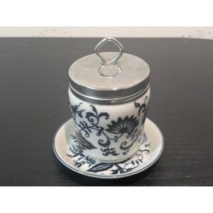 VTG Blue Onion Porcelain Egg Poacher Cup Metal Lid White Floral Kitchen Decor